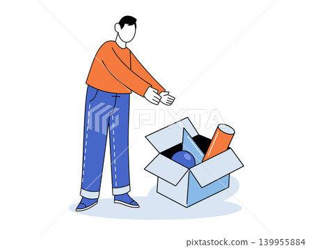 Man stands by an open cardboard box with geometric shapes vector illustration. Creative thinking, logic, education, startup, logistics, development. Male character gesturing toward a package Man stands by an open cardboard box with geometric shapes vector illustration. Creative thinking, logic, education, startup, logistics, development. Male character gesturing toward a package 139955884