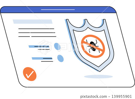 Web browser with security shield and bug icon vector illustration. Cybersecurity, antivirus, malware prevention, data protection, safety, defense. Internet window with protective emblem 139955901