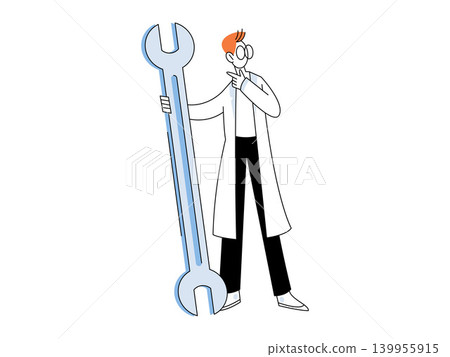 Scientist in white coat holding giant wrench vector illustration. Technical support, maintenance, problem solving, engineering, repair, solution. Expert with a large spanner 139955915