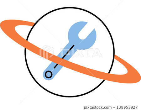 Blue wrench inside a circle with an orange ring vector illustration. Technical support, global maintenance, engineering, repair, space tech, universal fix. Spanner tool within a sphere and orbit 139955927