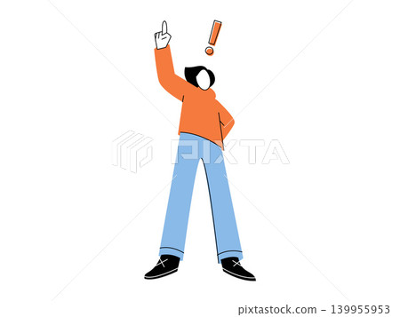 Person pointing finger up with exclamation mark vector illustration. Creative thinking, problem solving, business insight, startup inspiration, marketing, discovery. Character gesturing upwards Person pointing finger up with exclamation mark vector illustration. Creative thinking, problem solving, business insight, startup inspiration, marketing, discovery. Character gesturing upwards 139955953