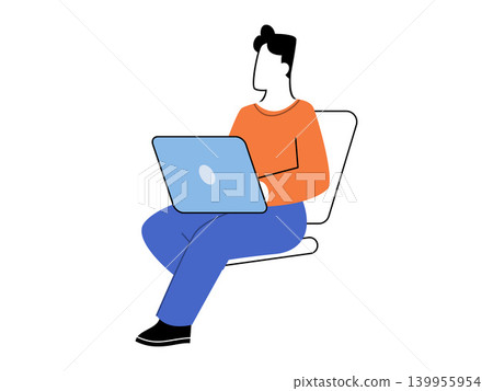 Man sitting on a chair and working on a laptop vector illustration. Remote work, online education, freelance business, digital nomad, internet browsing, distance learning. Male using notebook 139955954