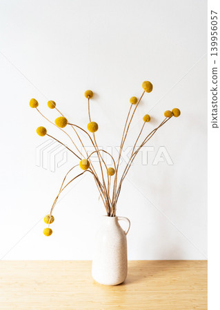 Dried craspedia flowers in a small white vase on a wooden table Dried craspedia flowers in a small white vase on a wooden table 139956057