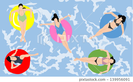 插圖描繪了一位女子在海裡玩救生圈的情景。 插圖描繪了一位女子在海裡玩救生圈的情景。 139956091