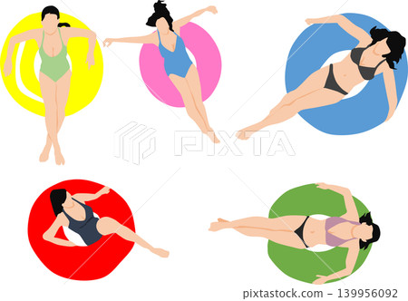 插圖描繪了一位女子在海裡玩救生圈的情景。 插圖描繪了一位女子在海裡玩救生圈的情景。 139956092