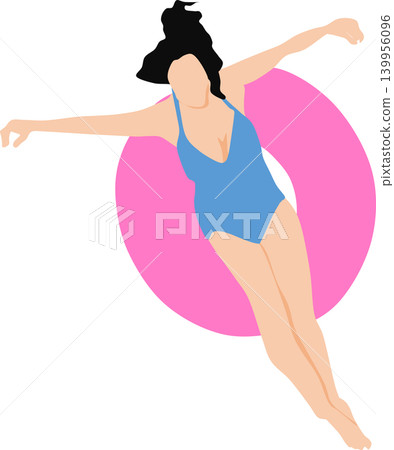 插圖描繪了一位女子在海裡玩救生圈的情景。 插圖描繪了一位女子在海裡玩救生圈的情景。 139956096