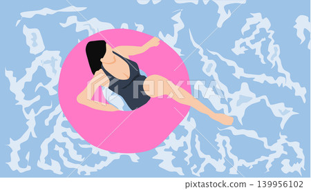 插圖描繪了一位女子在海裡玩救生圈的情景。 插圖描繪了一位女子在海裡玩救生圈的情景。 139956102