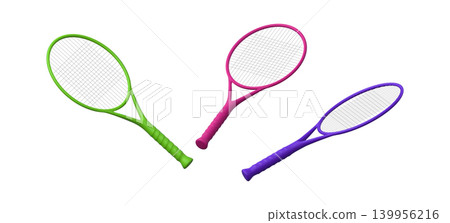 Tennis racquet 3D realistic vector icons set, professional sport team game lawn tennis racket equipment different colors Tennis racquet 3D realistic vector icons set, professional sport team game lawn tennis racket equipment different colors 139956216