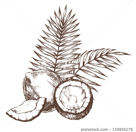 A composition of coconuts and palm leaves. Vector illustration in sketch style. A composition of coconuts and palm leaves. Vector illustration in sketch style. 139956278