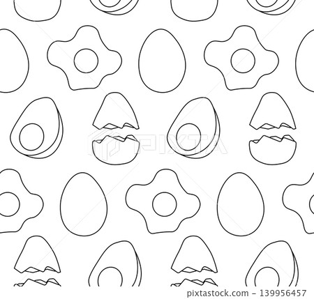 Chicken eggs Black and white seamless pattern hand drawn illustration. Vector graphic line art. Eggs and Protein. Healthy organic food. Baking and ingredient preparation. 139956457