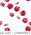 Seamless pattern with Pomegranate Fruit and halved pomegranate showing red arils. Hand drawn watercolor illustration of tropical Food with flowers on isolated background. Repeat ornament for textile 139956821