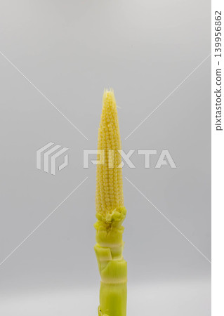 Fresh young corn (baby corn) with the silks removed, cut upright vertically. 139956862