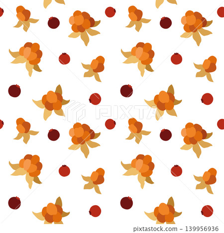Hand-drawn seamless pattern with autumn forest wild berries, cloudberry and cranberry for seasonal design or packaging Hand-drawn seamless pattern with autumn forest wild berries, cloudberry and cranberry for seasonal design or packaging 139956936