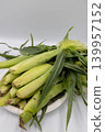 A white plate piled high with fresh, unhusked baby corn. 139957152