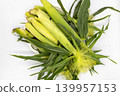 A white plate piled high with fresh baby corn with the husks still on, photographed from directly above. 139957153