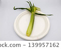 A horizontal cut of a single baby corn cob with its husk still on, placed on a white plate with copy space on both sides. 139957162