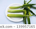A diagonal overhead shot of three fresh, unhulled baby corn cobs arranged on a white plate. 139957165