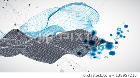 Grid geometric landscape with plexus particles and hexagonal elements. Vector template for tech banner or science presentation. Grid geometric landscape with plexus particles and hexagonal elements. Vector template for tech banner or science presentation. 139957216