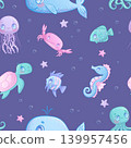 Seamless pattern with cute cartoon sea animals on a blue background. Whale, jellyfish, octopus, fish, seahorse, turtle, crab, star. Vector illustration for the design of postcards, printing, textiles 139957456