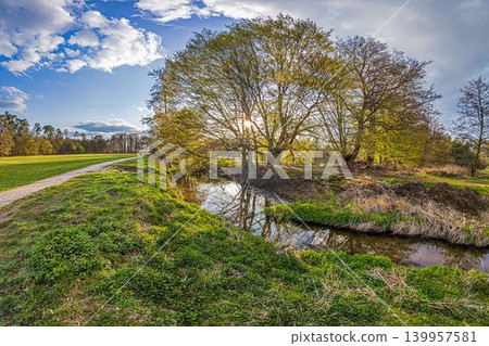 Spring creek landscape with sunset near Gross Gerau Spring creek landscape with sunset near Gross Gerau 139957581