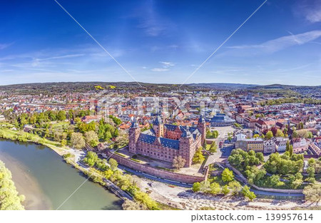 Aschaffenburg castle aerial panorama above Main river Germany Aschaffenburg castle aerial panorama above Main river Germany 139957614