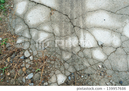 Cracked Concrete Surface Texture with Dirt and Pine Needles Cracked Concrete Surface Texture with Dirt and Pine Needles 139957686
