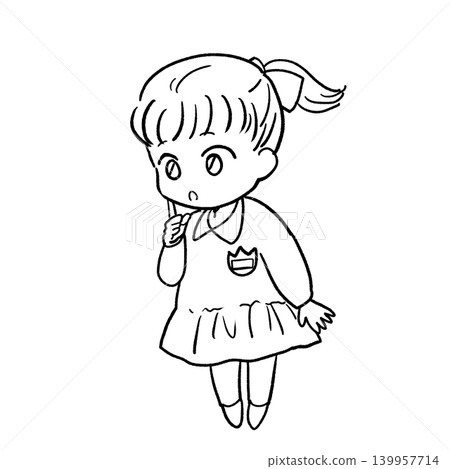 A line drawing of a girl thinking with her index finger on her cheek. 139957714