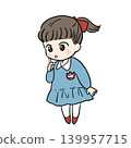 An illustration of a girl thinking with her index finger on her cheek. 139957715