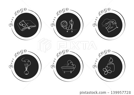 A clean design presents six distinct circular branding elements. White line art figures appear on a solid black background. A clean design presents six distinct circular branding elements. White line art figures appear on a solid black background. 139957728