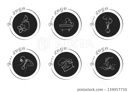 Six minimalist black line art logos in circular frames. Designs show items for spa, beauty, and self-care. 139957730