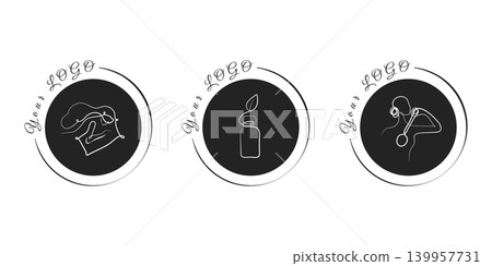 Three minimalist black line art logos are presented on a white background. Each design features a black circular center with white line art. Three minimalist black line art logos are presented on a white background. Each design features a black circular center with white line art. 139957731