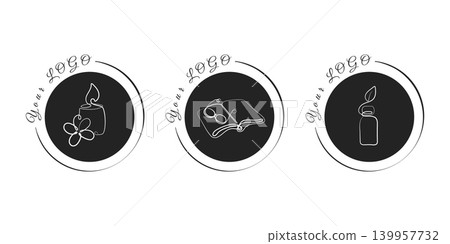 Three black circular line art logos are displayed. The first shows a lit candle and flower, the second an open book with glasses, and the third a bottle with a leaf. Three black circular line art logos are displayed. The first shows a lit candle and flower, the second an open book with glasses, and the third a bottle with a leaf. 139957732