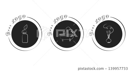 Three elegant line art logos on black circular backgrounds. Designs feature a bottle with a leaf, a clawfoot bathtub with steam, and an aromatherapy diffuser with reeds. Three elegant line art logos on black circular backgrounds. Designs feature a bottle with a leaf, a clawfoot bathtub with steam, and an aromatherapy diffuser with reeds. 139957733