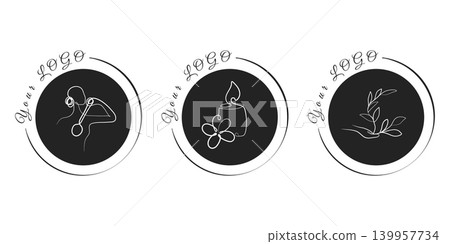 Three elegant circular line art logos feature wellness themes. One shows a person receiving a massage, another has a candle and flower, and the third depicts a hand holding a plant. Three elegant circular line art logos feature wellness themes. One shows a person receiving a massage, another has a candle and flower, and the third depicts a hand holding a plant. 139957734