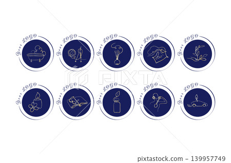 Ten round dark blue logos feature elegant gold line art designs. Icons include a bathtub, knitting, diffuser, chef hat, plant, candle, book, bottle, headphones, and a car, suitable for various brands. 139957749