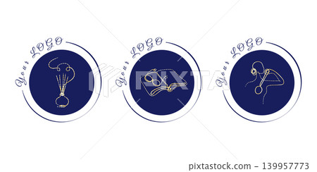 Three elegant gold line art designs are shown within circular dark blue frames. 139957773