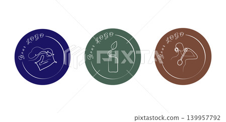 Three round logo designs feature minimalist continuous line art. 139957792
