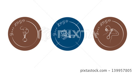 This set presents three unique circular logos with simple white line art on colored backgrounds. This set presents three unique circular logos with simple white line art on colored backgrounds. 139957805