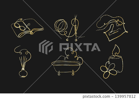 Six golden one line art illustrations on a black background. Icons show an open book, yarn with needles, a chef hat, a reed diffuser, a steaming bathtub, and a lit candle with a flower. Six golden one line art illustrations on a black background. Icons show an open book, yarn with needles, a chef hat, a reed diffuser, a steaming bathtub, and a lit candle with a flower. 139957812
