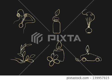 Golden continuous line art designs on a dark background. They show a person with headphones, essential oil bottle, diffuser, hand with plant, candle with flower, and eco-car. Golden continuous line art designs on a dark background. They show a person with headphones, essential oil bottle, diffuser, hand with plant, candle with flower, and eco-car. 139957815