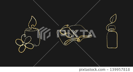 Three elegant golden one line art illustrations on a black background. Featured are a glowing candle with a flower, an open book, and a bottle topped with a leaf. 139957818