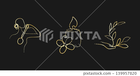 Three elegant one line art illustrations feature golden glitter lines on a dark background. A musician plays an instrument, a candle burns beside a flower, and a hand holds a leafy plant. 139957820