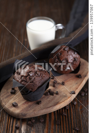 Chocolate Cake and Glass of Milk on Wooden Table. Chocolate Cake and Glass of Milk on Wooden Table. 139957867