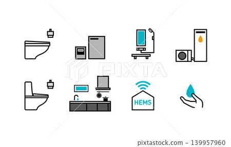 Icon set for equipment and plumbing in smart homes, GX-oriented homes, ZEH (Zero Energy Homes), and energy-efficient homes. Icon set for equipment and plumbing in smart homes, GX-oriented homes, ZEH (Zero Energy Homes), and energy-efficient homes. 139957960