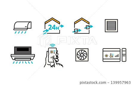 Icon set for GX-oriented homes, high-airtightness and high-insulation homes, and ZEH (Zero Energy Home) 24-hour ventilation systems and air conditioning equipment. Icon set for GX-oriented homes, high-airtightness and high-insulation homes, and ZEH (Zero Energy Home) 24-hour ventilation systems and air conditioning equipment. 139957963