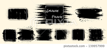 Collection of grunge frames. Black ink brush strokes, paint splatters and distressed banners on light background. Vector design elements 139957999