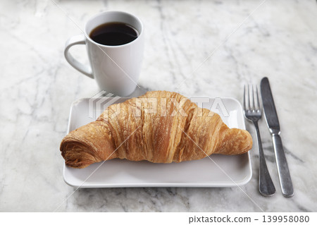 Croissant, Coffee and Jam on Marble Surface. Croissant, Coffee and Jam on Marble Surface. 139958080