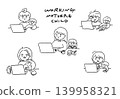 A set of line drawings of a mother working from home with her child. 139958321