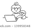 A line drawing of a mother working from home with her child. 139958348