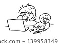 A line drawing of a mother working from home with her child. 139958349
